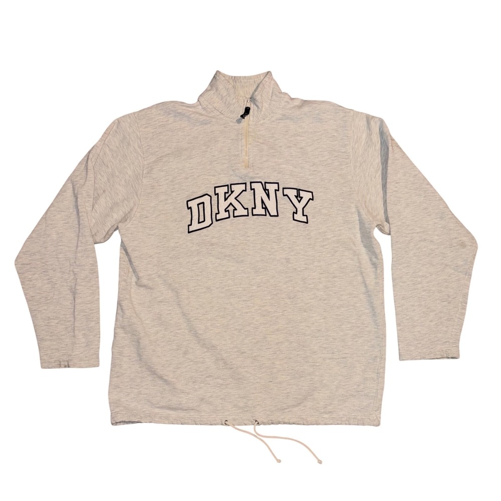 Vintage DKNY Donna Karan New York Quarter Zip Sweatshirt Gray Spellout Mens M